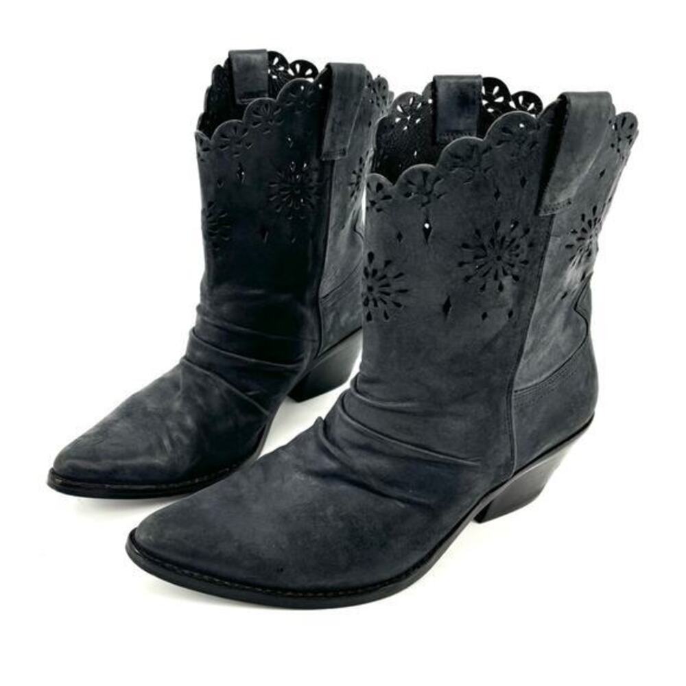 Guess Black Suede Laser-Cut Western Ankle Boots